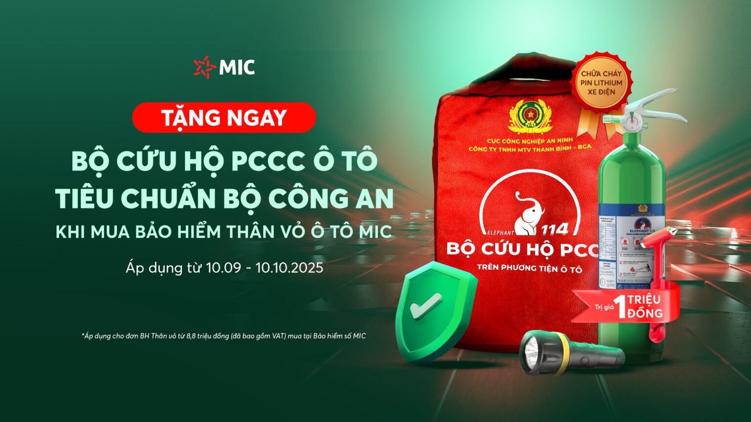 Tặng miễn phí Bộ Cứu hộ PCCC ô tô tiêu chuẩn Bộ Công An trị giá 1 triệu đồng khi mua bảo hiểm thân vỏ ô tô MIC